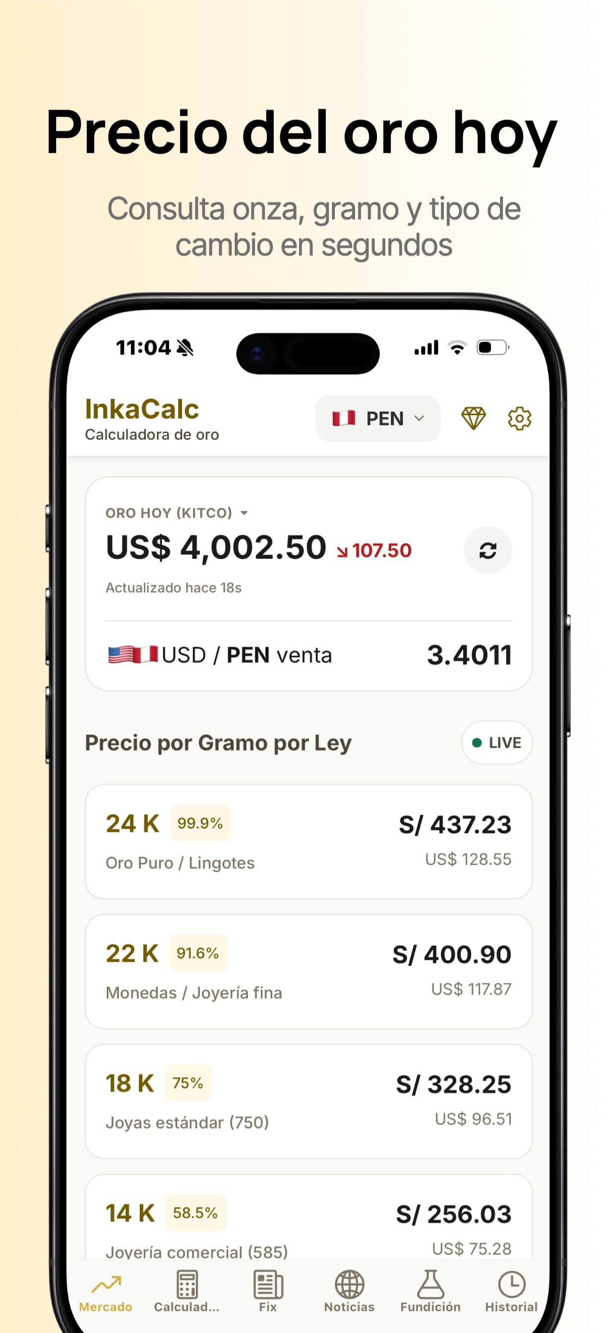 Pantalla de InkaCalc mostrando cálculos de oro